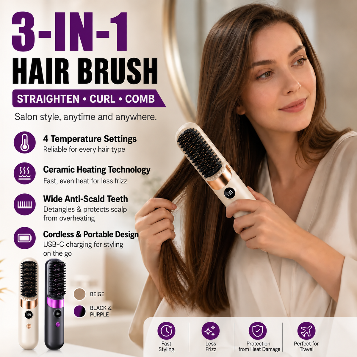 🥳2026 HOT SALE💇‍♀️3‑in‑1 Cordless Hair Straightening Brush ✨🌿