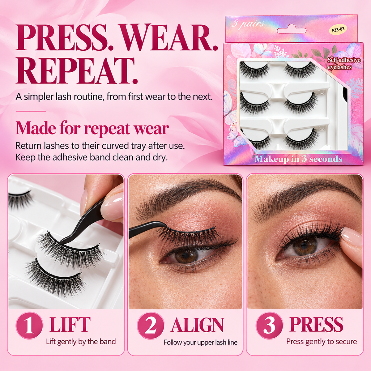🌺Glue-Free Self-Adhesive Lashes – 3-Second, Natural & Reusable