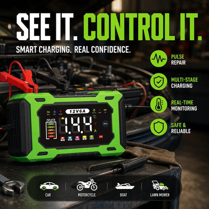🔋 12V 6A Smart Car Battery Charger – Automatic Maintainer with Pulse Repair & Desulfation
