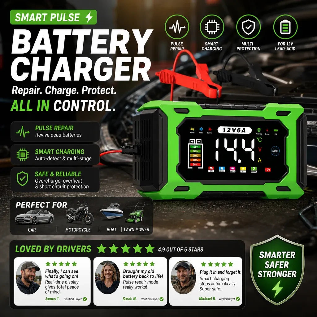 🔋 12V 6A Smart Car Battery Charger – Automatic Maintainer with Pulse Repair & Desulfation