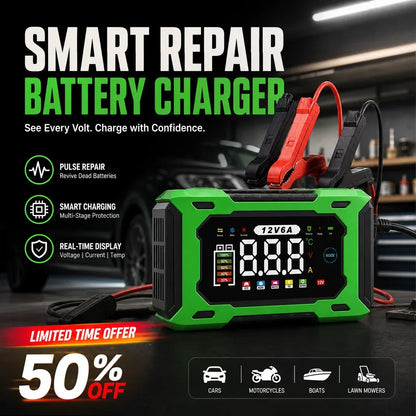 🔋 12V 6A Smart Car Battery Charger – Automatic Maintainer with Pulse Repair & Desulfation