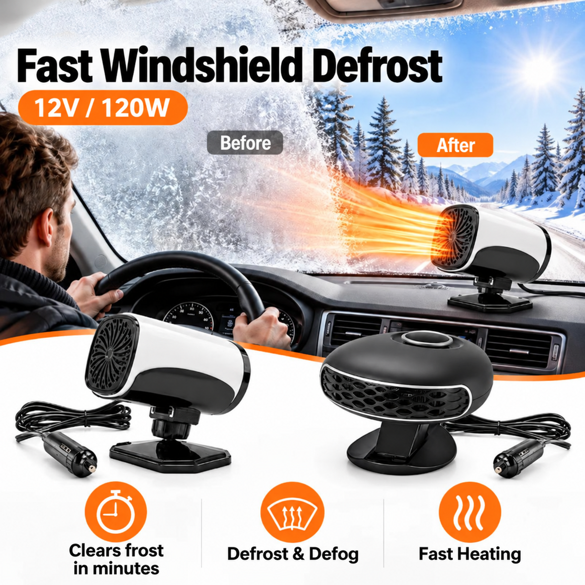 ⏳✨Portable Car Heater Defroster with 360-Degree Rotating Base