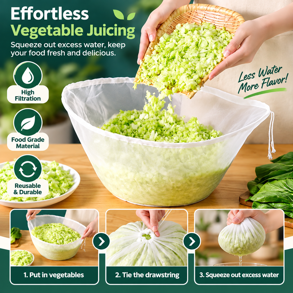 🥬No-Mess Fine Mesh Nylon Strain Bag – Reusable Food Filter Bag for Squeezing Vegetable Water, Straining Juice