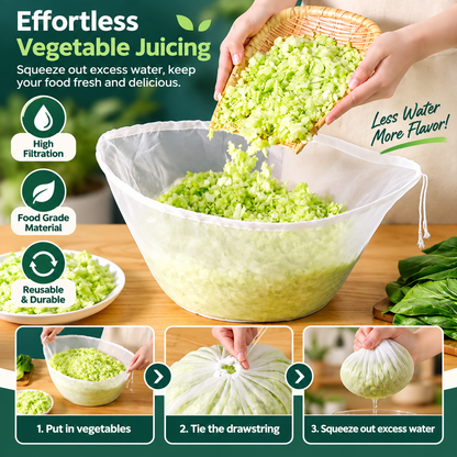 🥬No-Mess Fine Mesh Nylon Strain Bag – Reusable Food Filter Bag for Squeezing Vegetable Water, Straining Juice