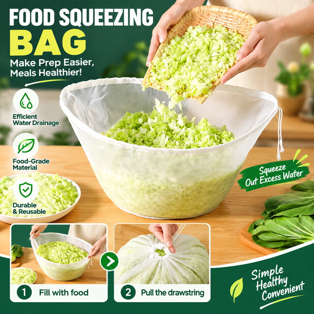 🥬No-Mess Fine Mesh Nylon Strain Bag – Reusable Food Filter Bag for Squeezing Vegetable Water, Straining Juice