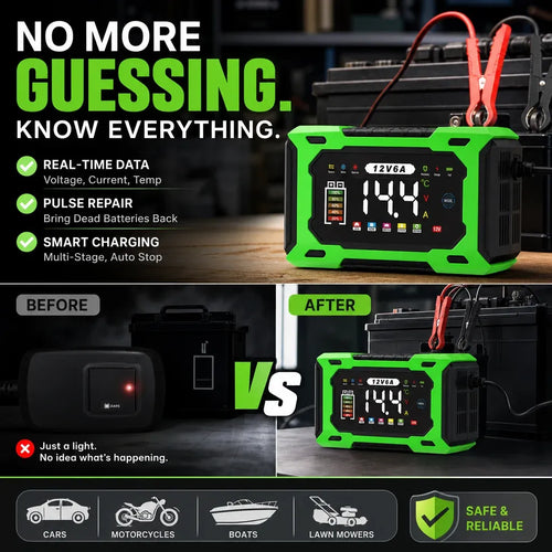 🔋 12V 6A Smart Car Battery Charger – Automatic Maintainer with Pulse Repair & Desulfation