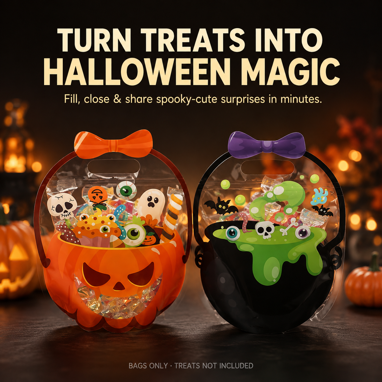 🎃 Halloween Cauldron Treat Bags – Clear Fillable Party Favor Bags