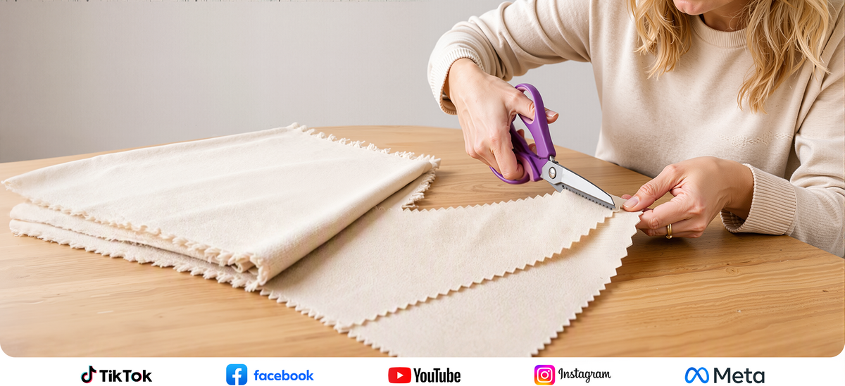 Hands using patterned shears to cut fabric