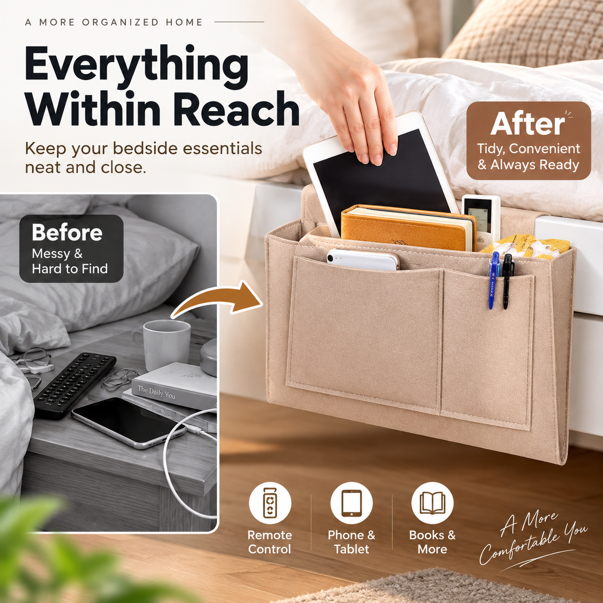 🛏️ No-Tool Bedside Storage Organizer – Slide-In Hanging Caddy for Easy Bedside Organization