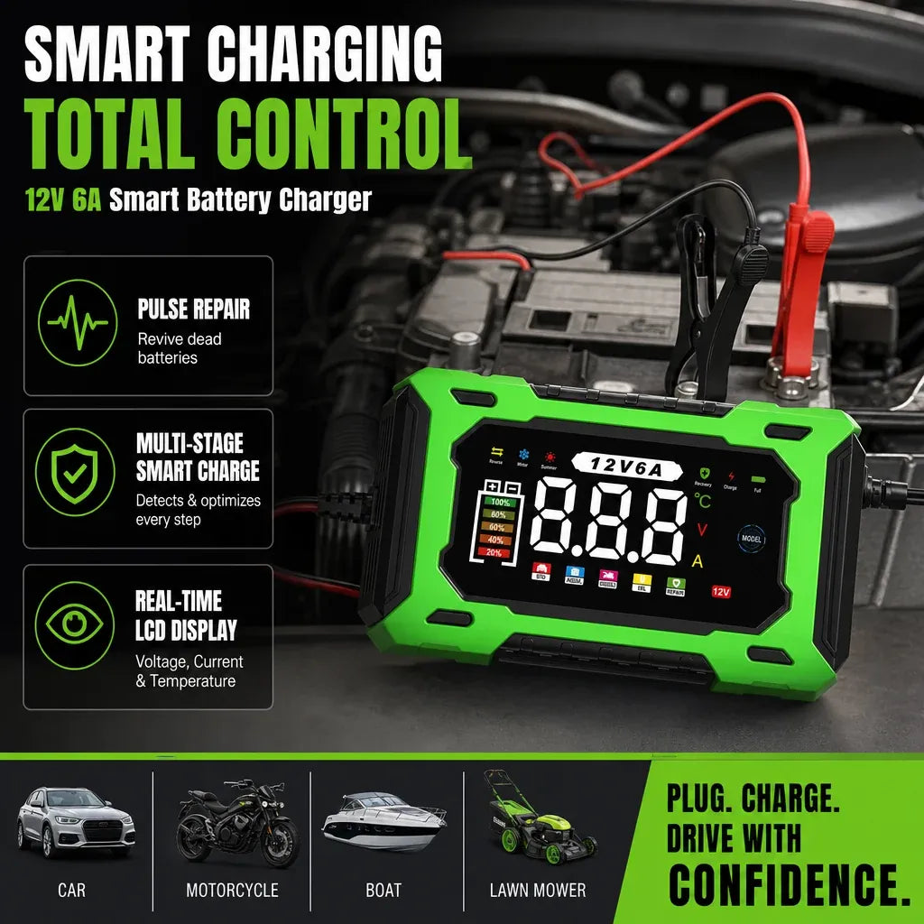 🔋 12V 6A Smart Car Battery Charger – Automatic Maintainer with Pulse Repair & Desulfation
