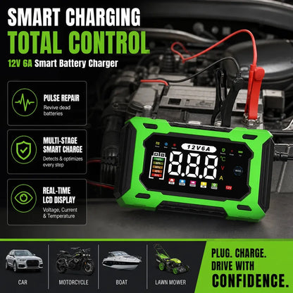 🔋 12V 6A Smart Car Battery Charger – Automatic Maintainer with Pulse Repair & Desulfation