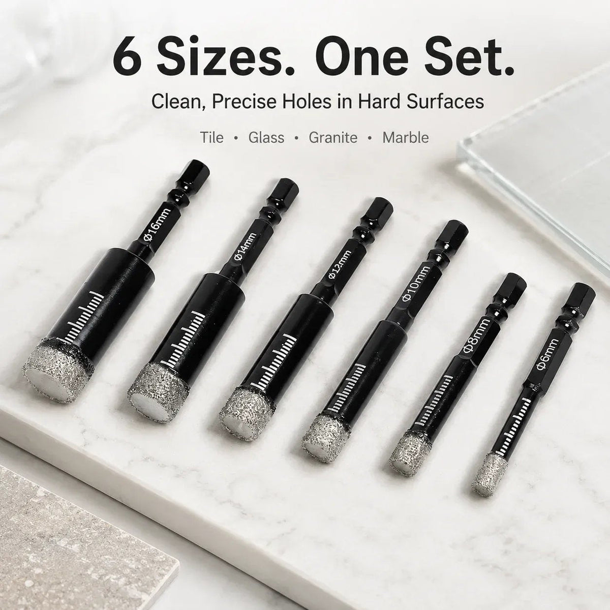 🔥6 Pcs Diamond Drill Bits Set, 1/4 5/6 3/8 1/2 Inch Brazed Diamond Drill Bits for Precision Drilling