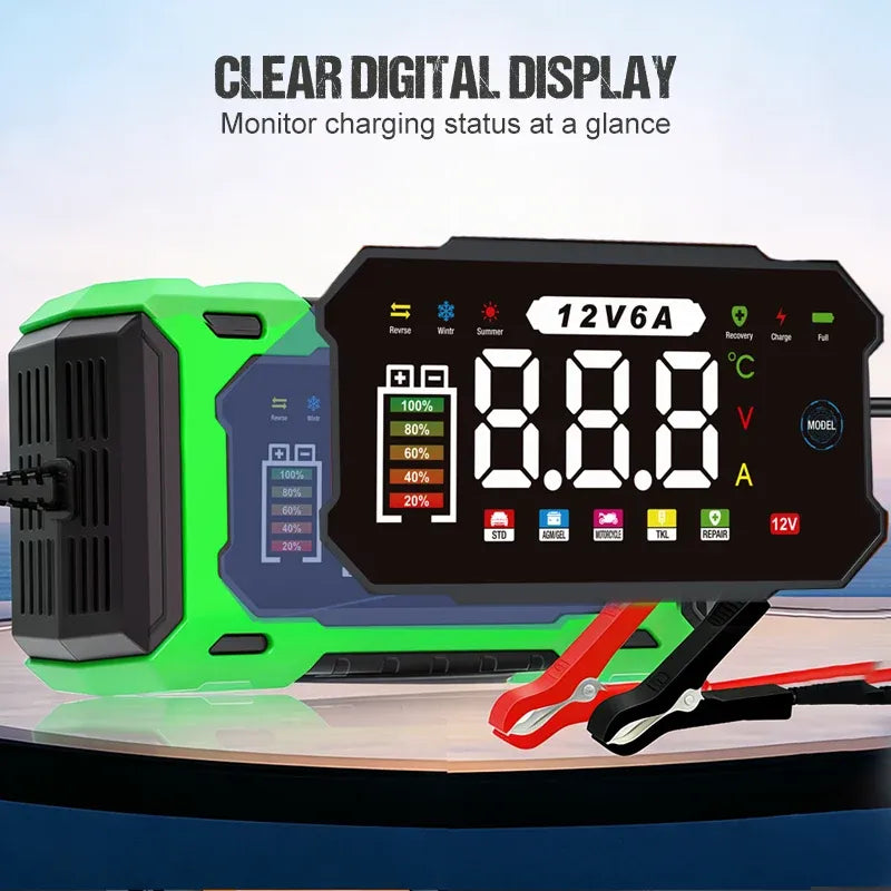 🔋 12V 6A Smart Car Battery Charger – Automatic Maintainer with Pulse Repair & Desulfation