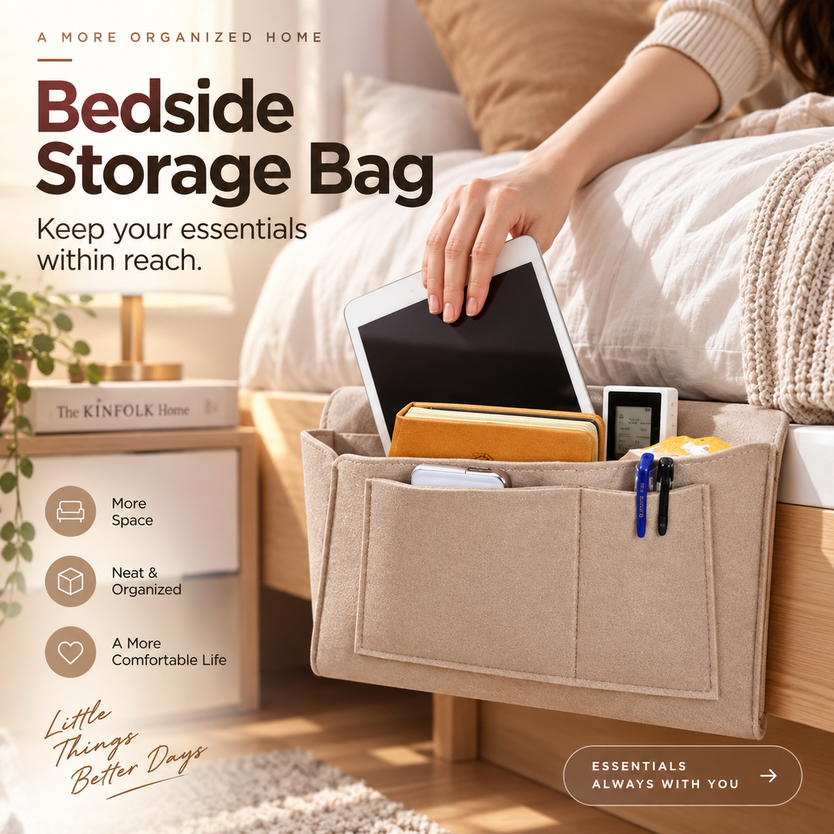 🛏️ No-Tool Bedside Storage Organizer – Slide-In Hanging Caddy for Easy Bedside Organization