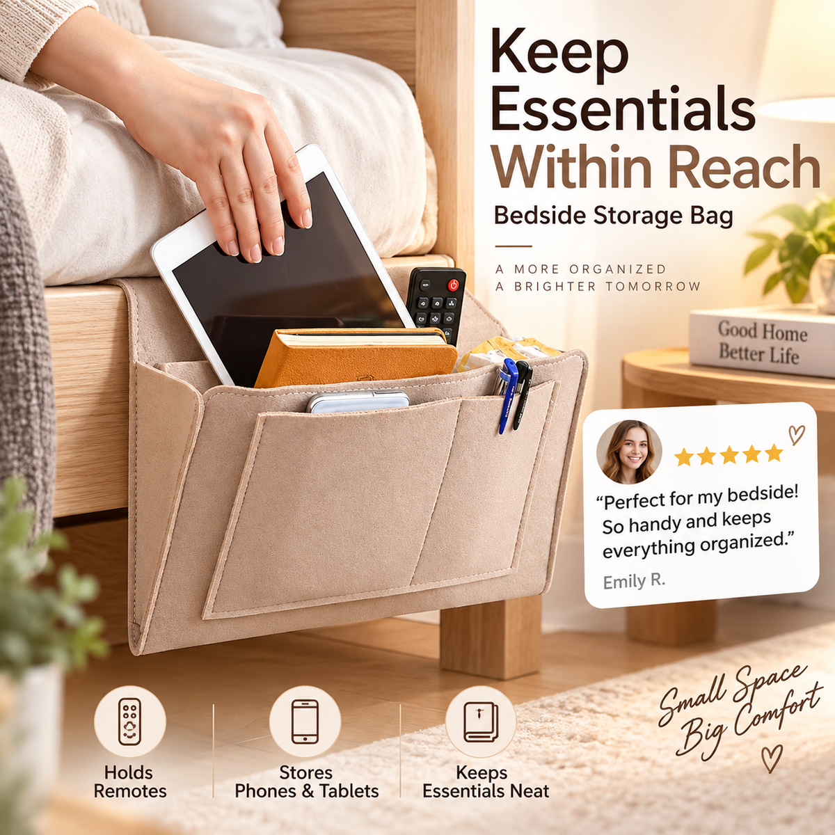 🛏️ No-Tool Bedside Storage Organizer – Slide-In Hanging Caddy for Easy Bedside Organization