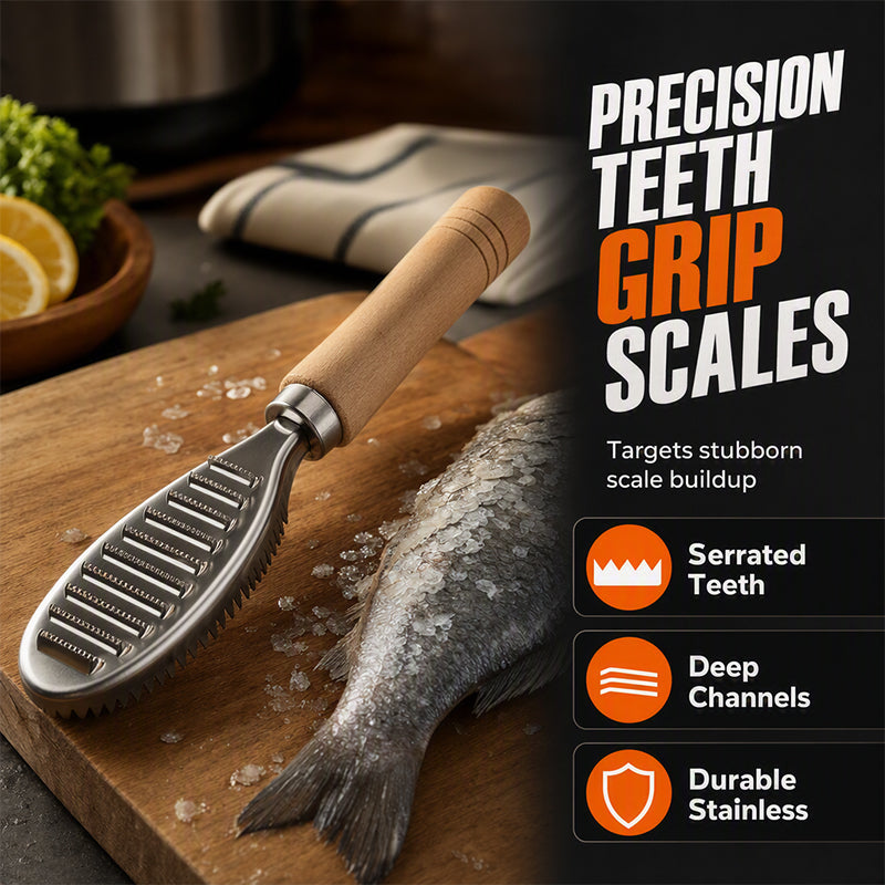 Stainless steel fish scraper with wooden handle