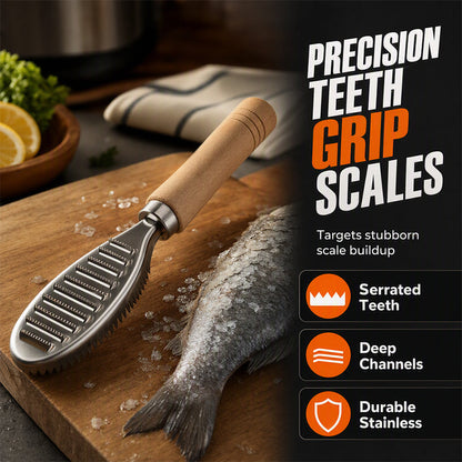 Stainless steel fish scraper with wooden handle