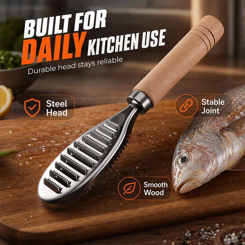Stainless steel fish scraper with wooden handle