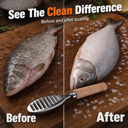 Stainless steel fish scraper with wooden handle