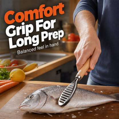 Stainless steel fish scraper with wooden handle