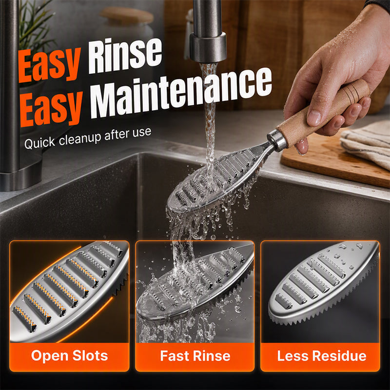 Stainless steel fish scraper with wooden handle