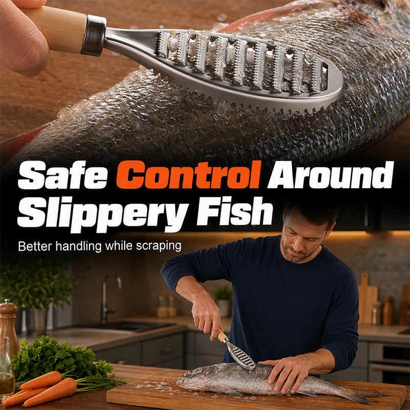 Stainless steel fish scraper with wooden handle