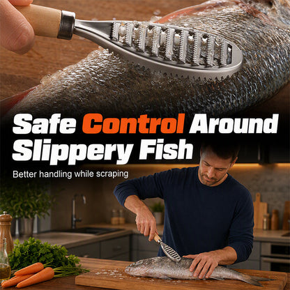 Stainless steel fish scraper with wooden handle