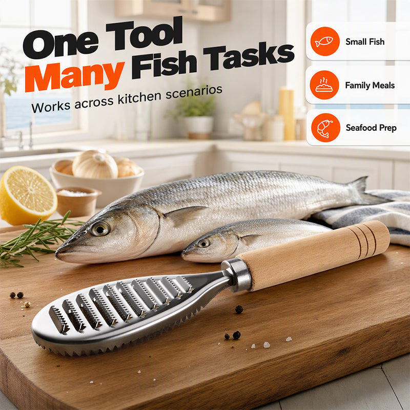 Stainless steel fish scraper with wooden handle